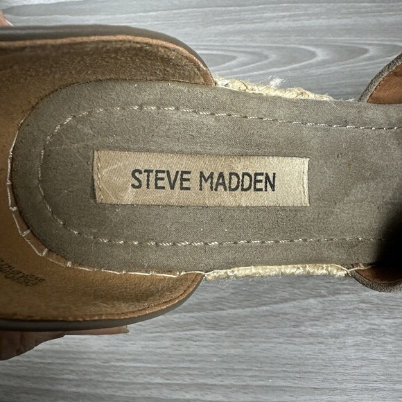 Steve Madden JYIA Espadrille Wedge‎ Sandals Size 10 Brown Suede Leather Peep Toe - Picture 6 of 11